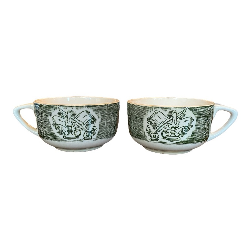 Vintage Royal China Old Curiosity Shop Green Transferware Tea Cups - Pair of 2